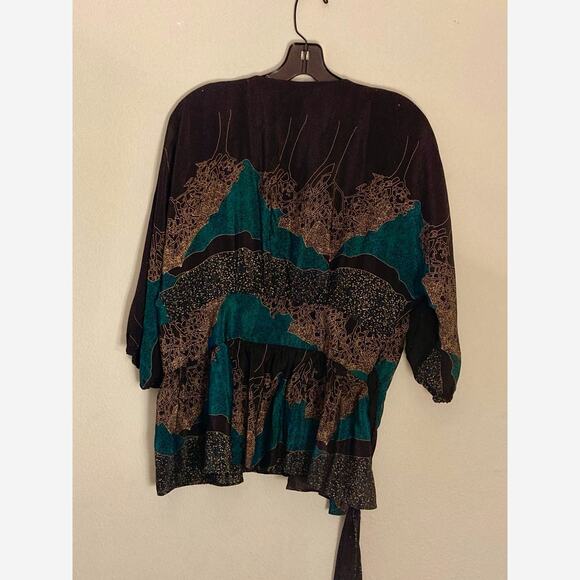 Maple Anthropologie Twilight Navy Aqua Abstract Silk Wrap Blouse ~ Sz 6 ~ Deco - Picture 6 of 8